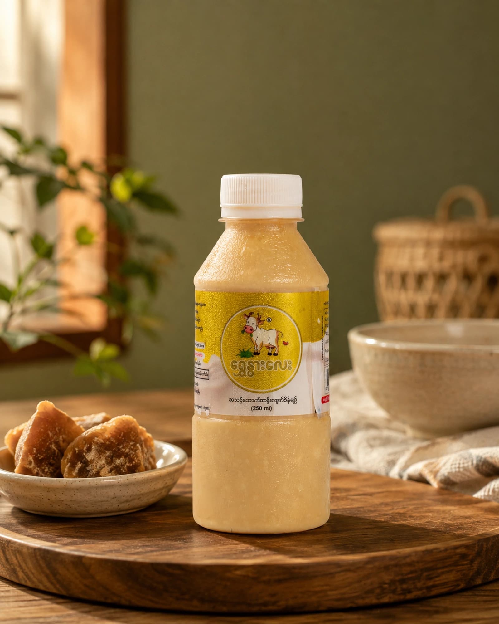 Jaggery Yogurt 250ml bottle with jaggery on a wooden table